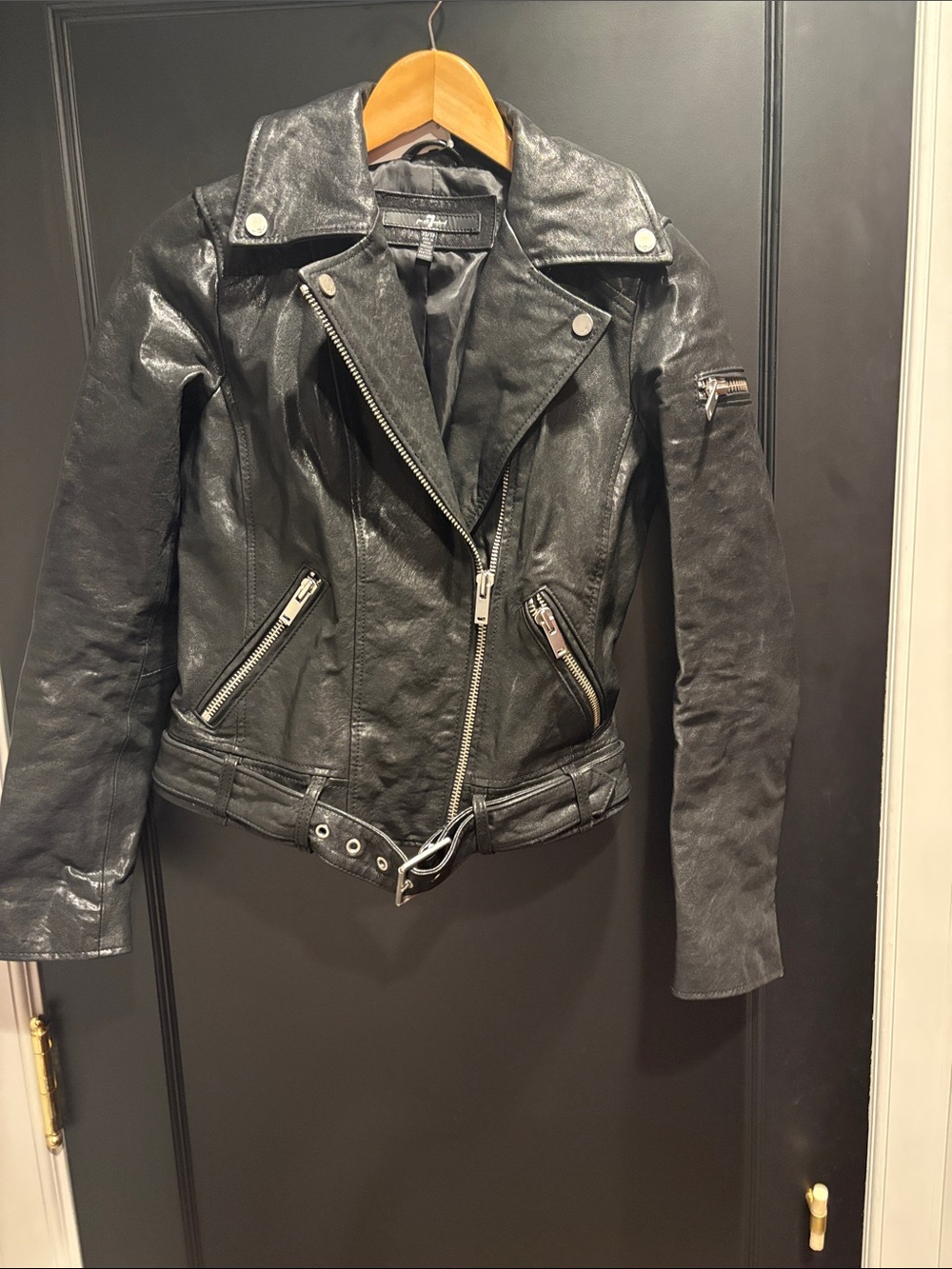 7 For All Mankind Black Leather Moto Jacket with Zip Accents biker size xs
